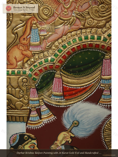 Darbar Krishna Tanjore Painting with 24 Karat Gold Foil and Handcrafted Wood Frame