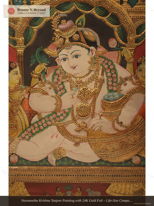 Navaneetha Krishna Tanjore Painting with 24K Gold Foil – Life-Size Composition, Tamil Nadu
