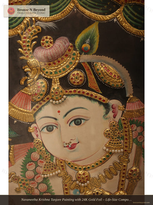 Navaneetha Krishna Tanjore Painting with 24K Gold Foil – Life-Size Composition, Tamil Nadu