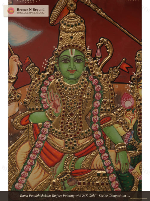 Rama Pattabhishekam Tanjore Painting with 24K Gold – Shrine Composition with Vaishnava Symbols