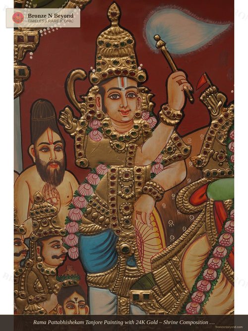 Rama Pattabhishekam Tanjore Painting with 24K Gold – Shrine Composition with Vaishnava Symbols