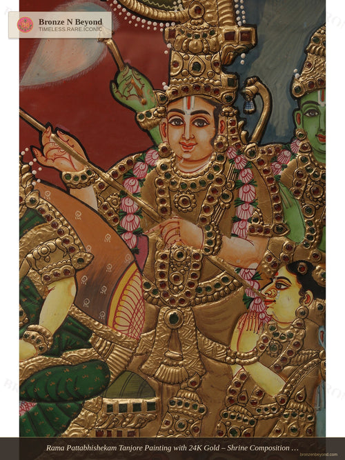 Rama Pattabhishekam Tanjore Painting with 24K Gold – Shrine Composition with Vaishnava Symbols