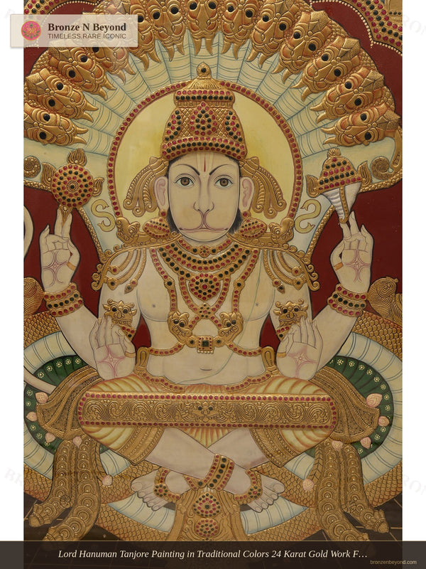 Lord Hanuman Tanjore Painting in Traditional Colors 24 Karat Gold Work Framed