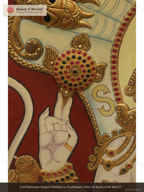 Lord Hanuman Tanjore Painting in Traditional Colors 24 Karat Gold Work Framed