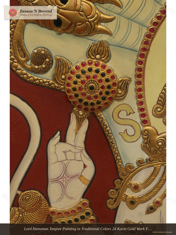 Lord Hanuman Tanjore Painting in Traditional Colors 24 Karat Gold Work Framed