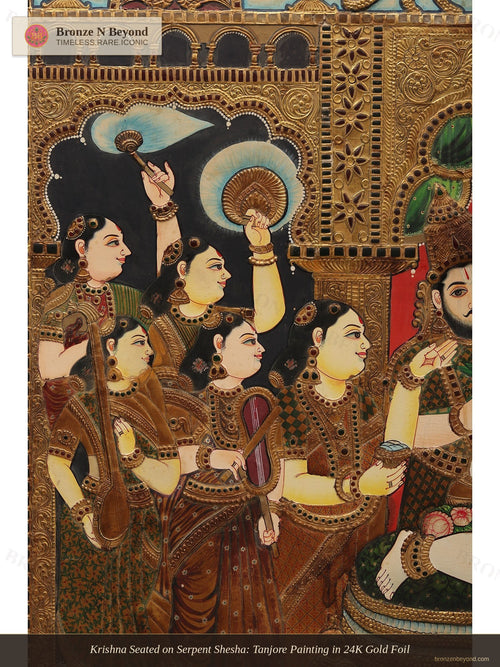 Krishna Seated on Serpent Shesha: Tanjore Painting in 24K Gold Foil