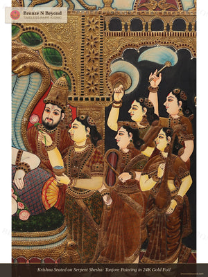 Krishna Seated on Serpent Shesha: Tanjore Painting in 24K Gold Foil