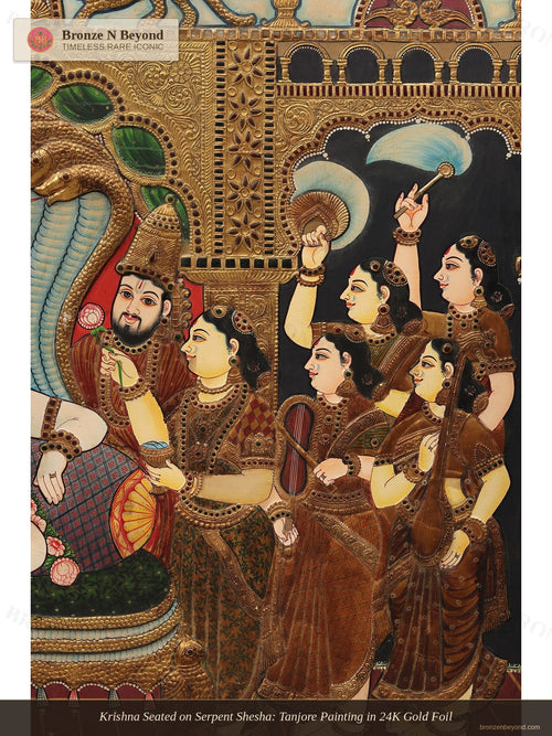 Krishna Seated on Serpent Shesha: Tanjore Painting in 24K Gold Foil