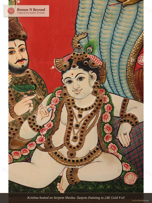 Krishna Seated on Serpent Shesha: Tanjore Painting in 24K Gold Foil