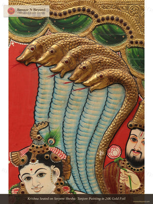 Krishna Seated on Serpent Shesha: Tanjore Painting in 24K Gold Foil