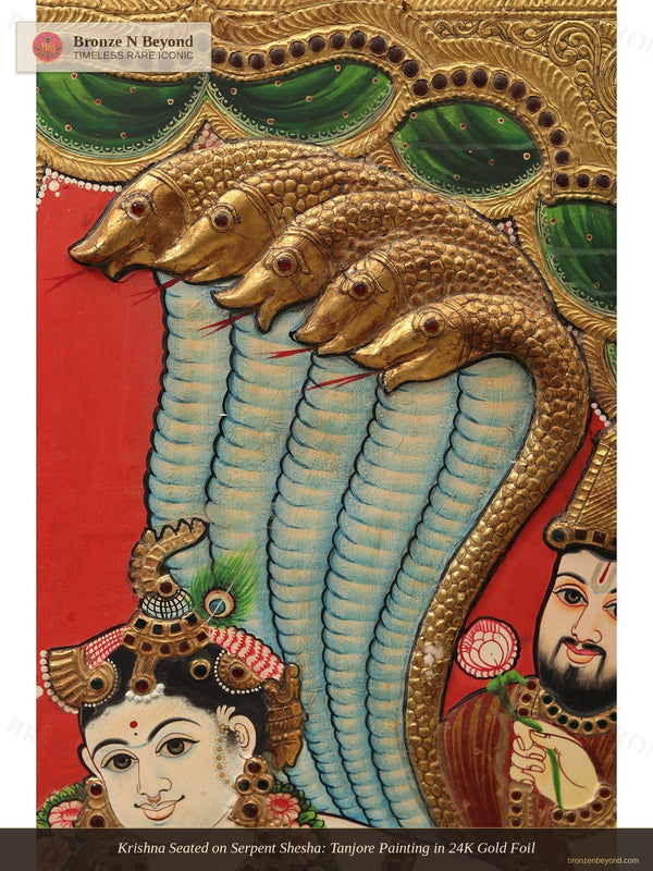 Krishna Seated on Serpent Shesha: Tanjore Painting in 24K Gold Foil