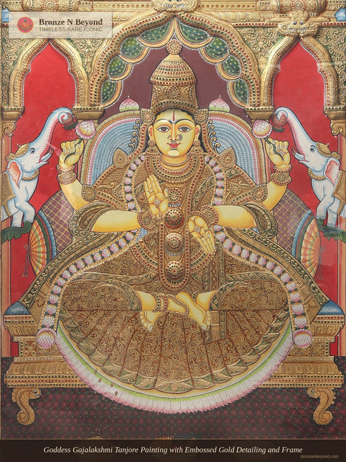 Goddess Gajalakshmi Tanjore Painting with Embossed Gold Detailing and Frame