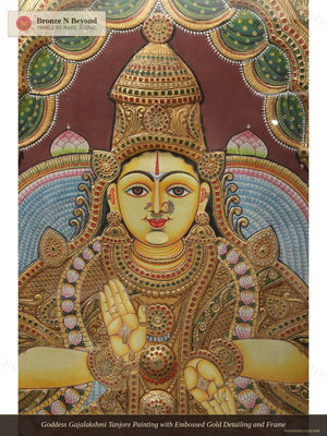 Goddess Gajalakshmi Tanjore Painting with Embossed Gold Detailing and Frame