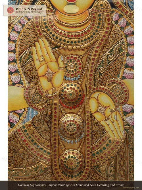 Goddess Gajalakshmi Tanjore Painting with Embossed Gold Detailing and Frame