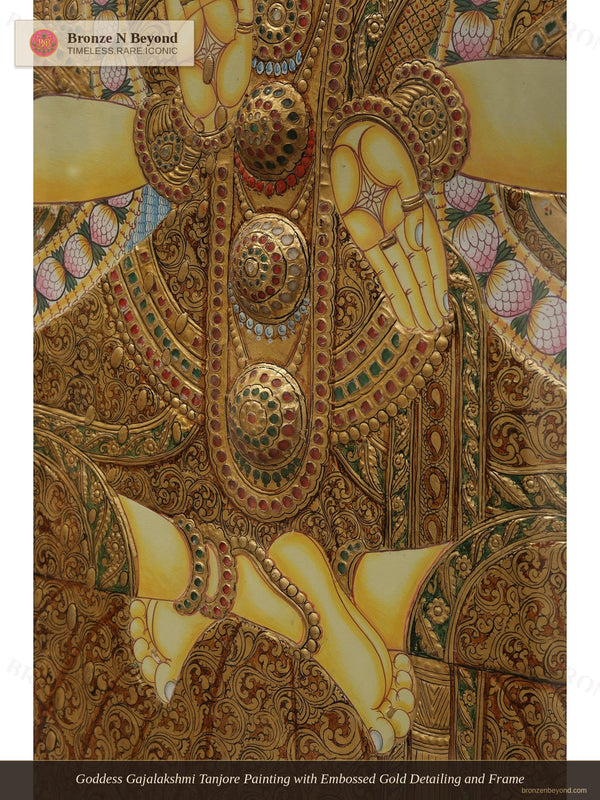 Goddess Gajalakshmi Tanjore Painting with Embossed Gold Detailing and Frame