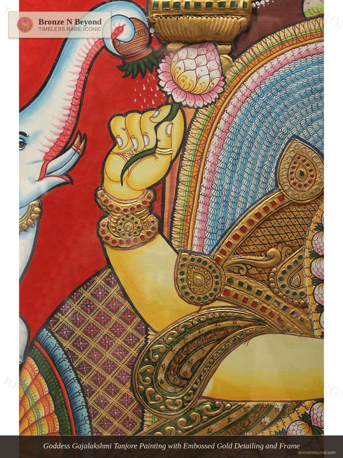 Goddess Gajalakshmi Tanjore Painting with Embossed Gold Detailing and Frame