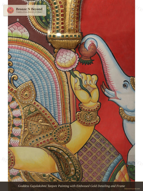 Goddess Gajalakshmi Tanjore Painting with Embossed Gold Detailing and Frame