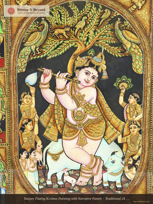 Tanjore Fluting Krishna Painting with Narrative Panels – Traditional 24 Karat Gold Work