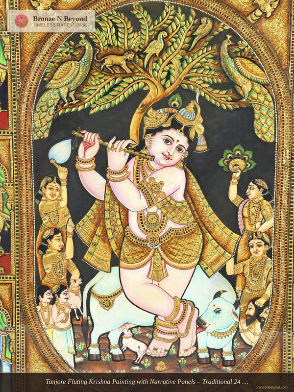 Tanjore Fluting Krishna Painting with Narrative Panels – Traditional 24 Karat Gold Work