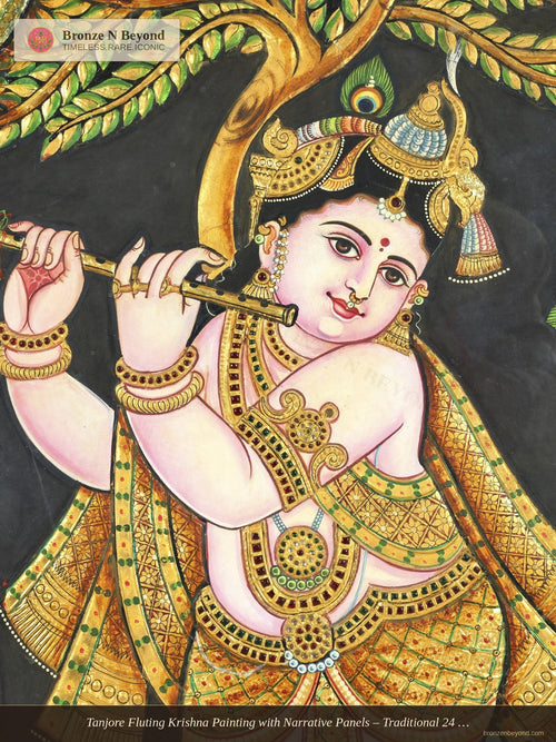 Tanjore Fluting Krishna Painting with Narrative Panels – Traditional 24 Karat Gold Work