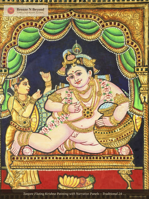 Tanjore Fluting Krishna Painting with Narrative Panels – Traditional 24 Karat Gold Work