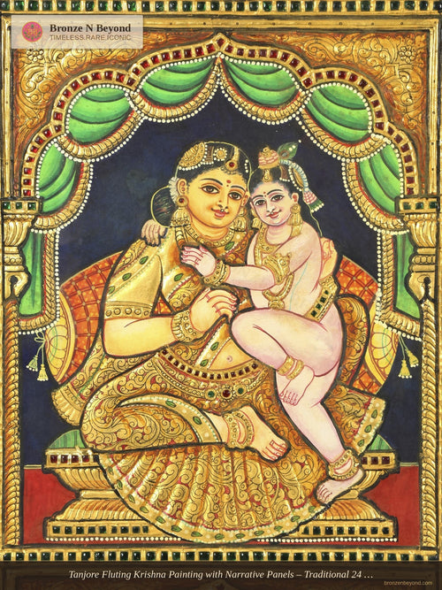 Tanjore Fluting Krishna Painting with Narrative Panels – Traditional 24 Karat Gold Work