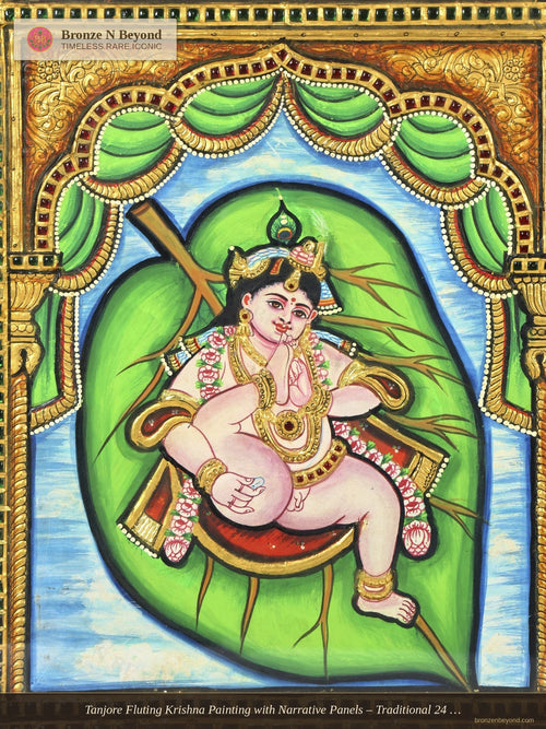 Tanjore Fluting Krishna Painting with Narrative Panels – Traditional 24 Karat Gold Work