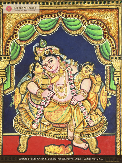 Tanjore Fluting Krishna Painting with Narrative Panels – Traditional 24 Karat Gold Work