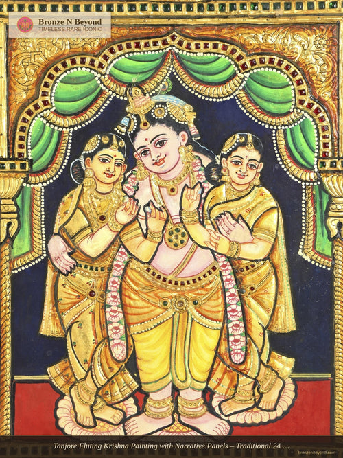 Tanjore Fluting Krishna Painting with Narrative Panels – Traditional 24 Karat Gold Work