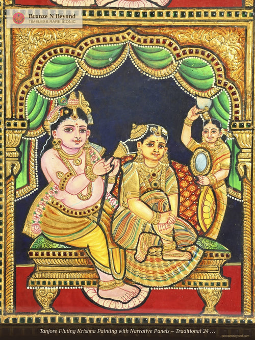 Tanjore Fluting Krishna Painting with Narrative Panels – Traditional 24 Karat Gold Work