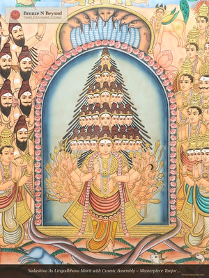 Sadashiva As Lingodbhava Murti with Cosmic Assembly – Masterpiece Tanjore with Antique Wood Frame
