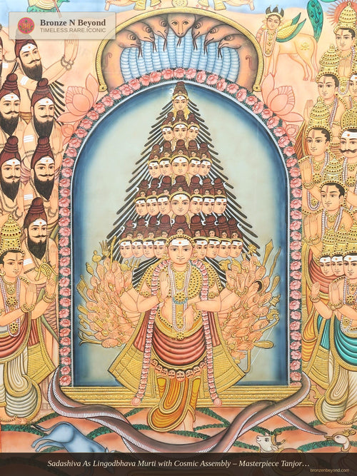 Sadashiva As Lingodbhava Murti with Cosmic Assembly – Masterpiece Tanjore with Antique Wood Frame