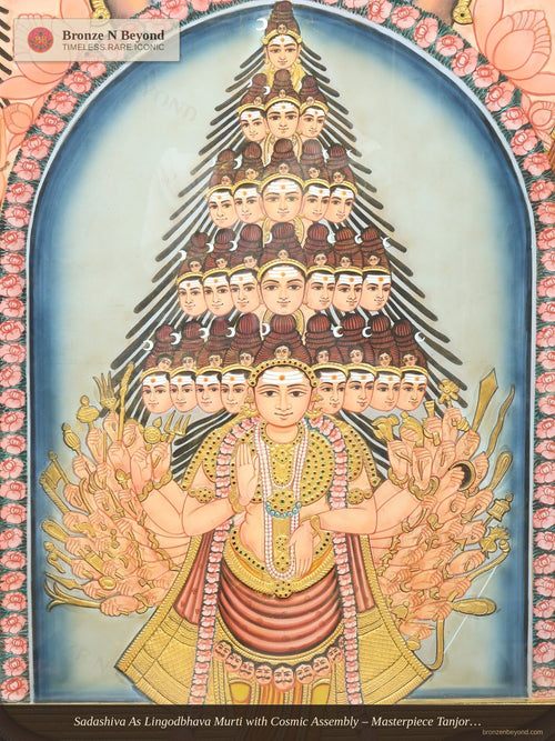 Sadashiva As Lingodbhava Murti with Cosmic Assembly – Masterpiece Tanjore with Antique Wood Frame