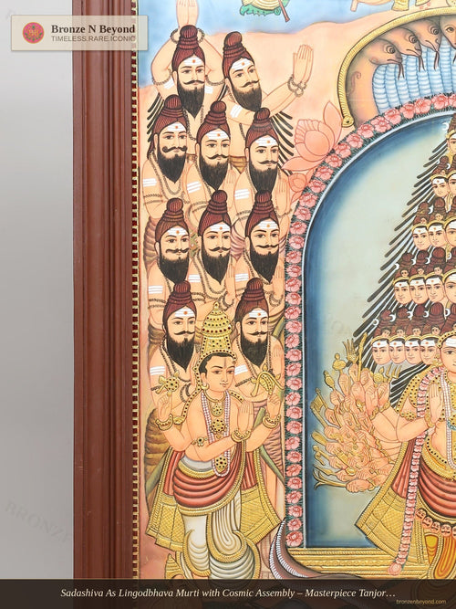 Sadashiva As Lingodbhava Murti with Cosmic Assembly – Masterpiece Tanjore with Antique Wood Frame