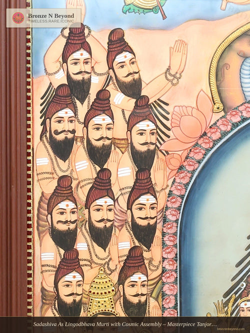 Sadashiva As Lingodbhava Murti with Cosmic Assembly – Masterpiece Tanjore with Antique Wood Frame