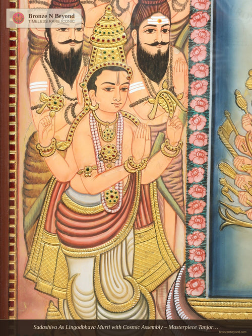 Sadashiva As Lingodbhava Murti with Cosmic Assembly – Masterpiece Tanjore with Antique Wood Frame
