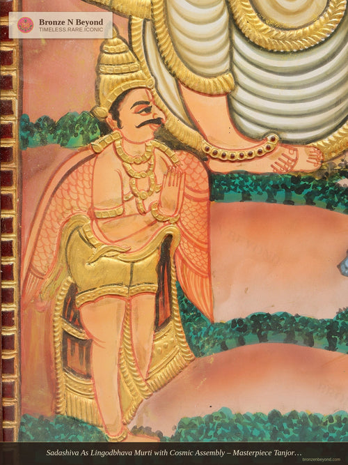 Sadashiva As Lingodbhava Murti with Cosmic Assembly – Masterpiece Tanjore with Antique Wood Frame