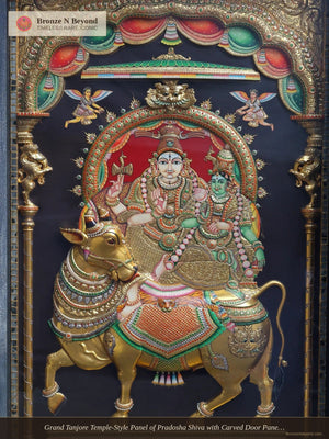 Grand Tanjore Temple-Style Panel of Pradosha Shiva with Carved Door Panels of Nayanmars – South India