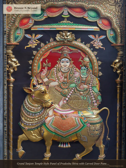Grand Tanjore Temple-Style Panel of Pradosha Shiva with Carved Door Panels of Nayanmars – South India
