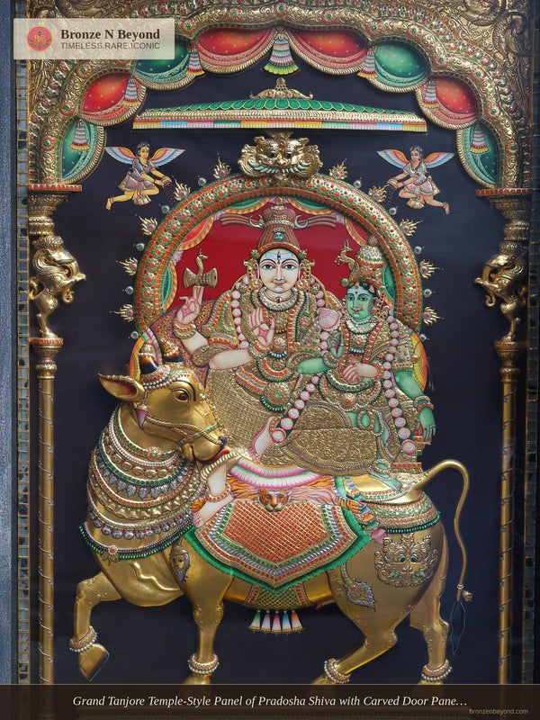 Grand Tanjore Temple-Style Panel of Pradosha Shiva with Carved Door Panels of Nayanmars – South India