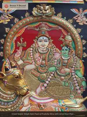 Grand Tanjore Temple-Style Panel of Pradosha Shiva with Carved Door Panels of Nayanmars – South India