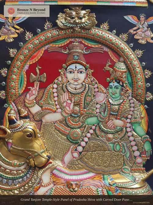 Grand Tanjore Temple-Style Panel of Pradosha Shiva with Carved Door Panels of Nayanmars – South India