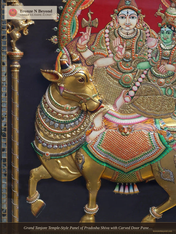 Grand Tanjore Temple-Style Panel of Pradosha Shiva with Carved Door Panels of Nayanmars – South India
