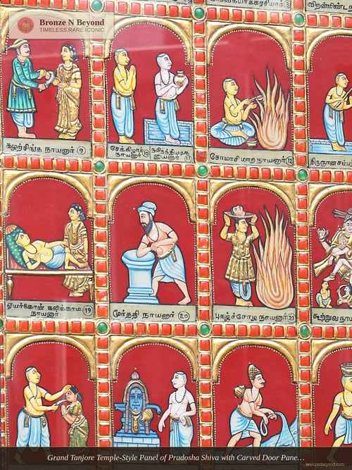 Grand Tanjore Temple-Style Panel of Pradosha Shiva with Carved Door Panels of Nayanmars – South India