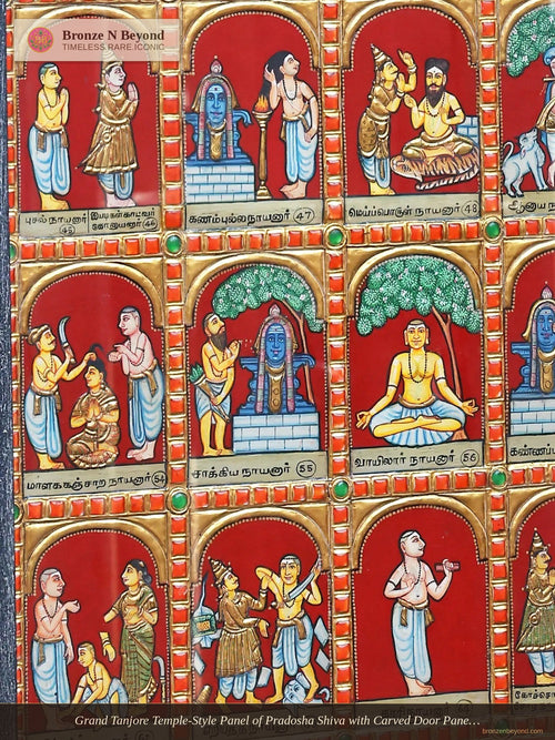 Grand Tanjore Temple-Style Panel of Pradosha Shiva with Carved Door Panels of Nayanmars – South India