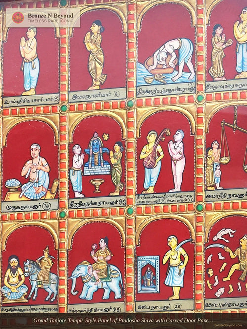 Grand Tanjore Temple-Style Panel of Pradosha Shiva with Carved Door Panels of Nayanmars – South India