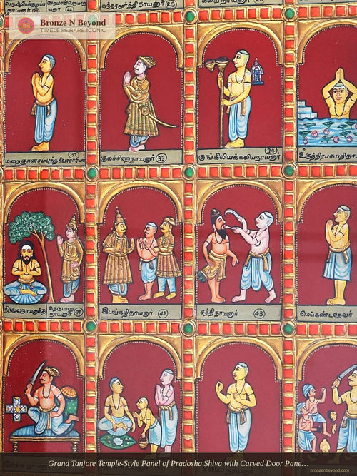 Grand Tanjore Temple-Style Panel of Pradosha Shiva with Carved Door Panels of Nayanmars – South India