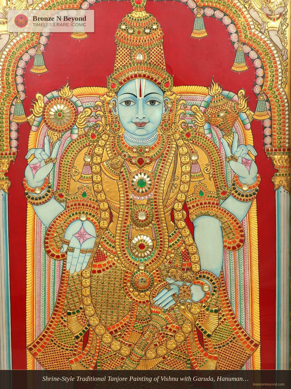 Shrine-Style Traditional Tanjore Painting of Vishnu with Garuda, Hanuman, and Vaikuntha Guardians