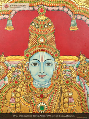Shrine-Style Traditional Tanjore Painting of Vishnu with Garuda, Hanuman, and Vaikuntha Guardians