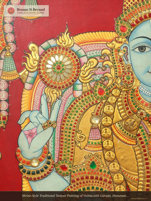 Shrine-Style Traditional Tanjore Painting of Vishnu with Garuda, Hanuman, and Vaikuntha Guardians